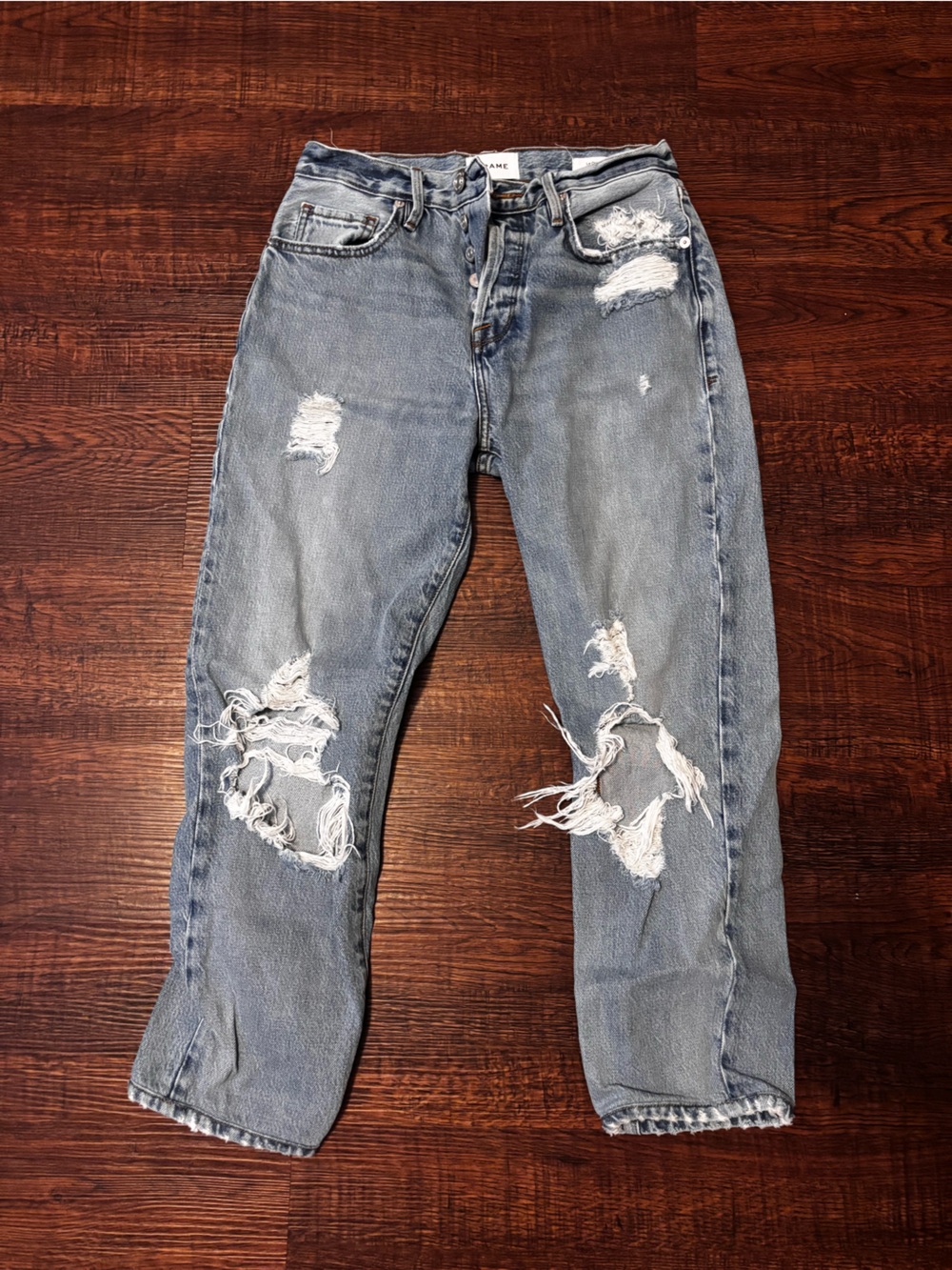 Frame Denim Distressed Light Blue Slim Straight Jeans